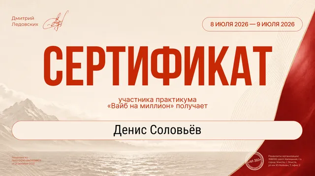 Сертификат «Вайб на миллион» — Денис Соловьёв